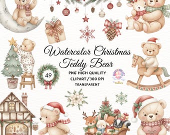 Clipart de oso de peluche navideño en acuarela, lindo oso navideño PNG, clipart de bosque invernal, clipart navideño neutro acogedor, arte infantil invernal PNG