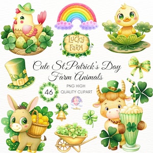 St. Patrick's Day clipart, boerderijdieren clipart, Lucky Clover PNG, Cute St Patty's Day PNG, Shamrock Clipart, Rainbow, Pot of Gold, Shamrock, Iers