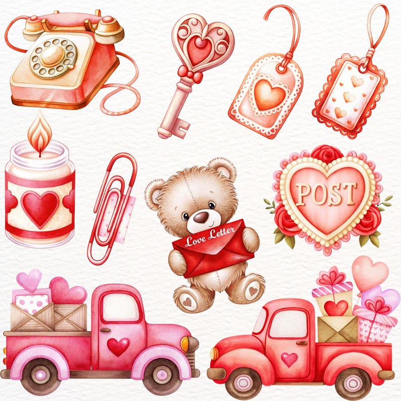 May include: Watercolor illustration of Valentine's Day themed objects. Includes a red rotary phone, a heart-shaped key, gift tags, a candle, a paperclip, a teddy bear holding a love letter, a heart-shaped sign with the word "POST", and two pickup trucks.