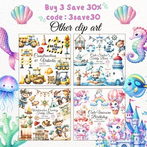 K&ouml;nnte beinhalten: Ein digitaler Illustrations-Set mit Aquarell-Clipart zu verschiedenen Themen, darunter Baufahrzeuge, ein Matrosen-Teddyb&auml;r, ein Cowboy-Teddyb&auml;r und ein Einhorn-Geburtstag. Die Illustrationen sind im Cartoon-Stil gehalten und weisen leuchtende Farben auf.