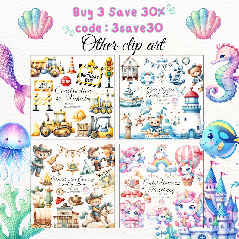 K&ouml;nnte beinhalten: Ein digitaler Illustrations-Set mit Aquarell-Clipart zu verschiedenen Themen, darunter Baufahrzeuge, ein Matrosen-Teddyb&auml;r, ein Cowboy-Teddyb&auml;r und ein Einhorn-Geburtstag. Die Illustrationen sind im Cartoon-Stil gehalten und weisen leuchtende Farben auf.