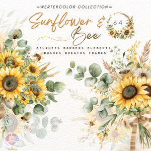 Sunflowers Clipart,Sunflower Bee Clipart,Watercolor Flowers PNG,Summer Floral,Honey Bees,Bouquet,Wreath,Digital Paper Craft,DIY Invitation