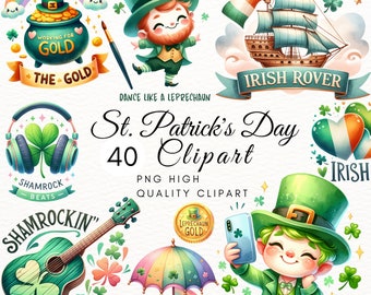 St Patrick's Day Watercolor Clipart Bundle: Shamrock, Leprechaun (Digital Download)