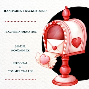 May include: A watercolor illustration of a red and white mailbox with heart and wing accents. A white envelope with a heart is coming out of the mailbox. The image includes the text "TRANSPARENT BACKGROUND", "PNG. FILE INFORMATION", "PERSONAL & COMMERCIAL USE".