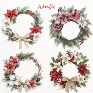 May include: Four watercolour illustrations of Christmas wreaths with red and white poinsettia and amaryllis flowers, green pine branches, and red berries.