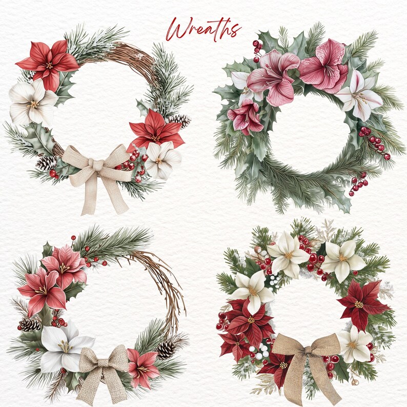 May include: Four watercolour illustrations of Christmas wreaths with red and white poinsettia and amaryllis flowers, green pine branches, and red berries.