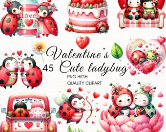 Valentine Ladybug Couple Clipart, Watercolor PNG (Digital Download)