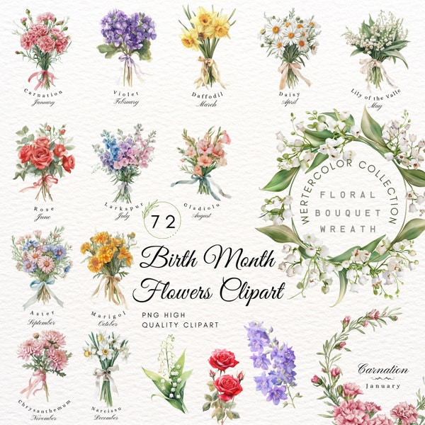 Watercolor Birth Month Flower Clipart,Birth Flower PNG,Watercolor Antique Floral PNG,Flower bouquet Graphic,Birthday Decor,card making,DIY