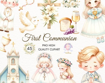 First Communion Clipart: Watercolor Christian PNG Images,Kids Rosary Cross Dove Religious Art (Digital Download)