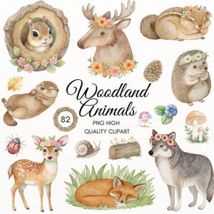 Watercolor Woodland Animals Clipart,Forest Animal PNG,Boho Woodland Baby Shower,Floral Woods,Nursery Clipart,Bear,Moose,Digital Download