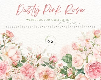 Dusty Pink Rose Clipart Set: Watercolor Flowers (Digital Download)