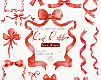 Watercolor Red Bow Clipart Bundle 40 PNG | Coquette Ribbon Bow Tie Digital Download | Christmas Valentine Gift Wrap Craft Invitation Art