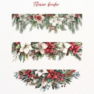 May include: Three watercolour floral borders featuring white and red flowers, green leaves, and red berries. The top border is a horizontal design, the middle border is a horizontal design, and the bottom border is a curved design.