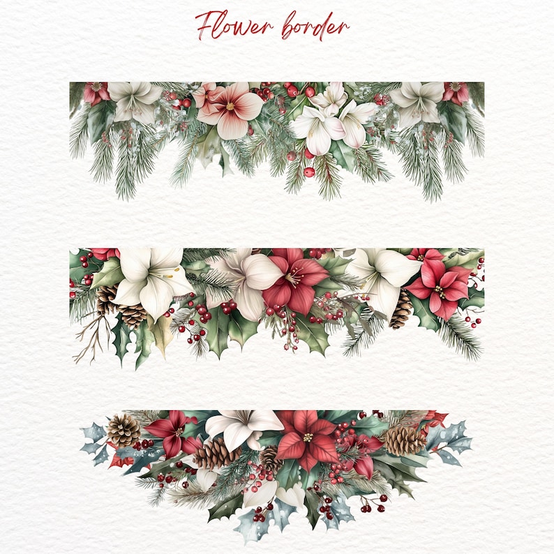 May include: Three watercolour floral borders featuring white and red flowers, green leaves, and red berries. The top border is a horizontal design, the middle border is a horizontal design, and the bottom border is a curved design.
