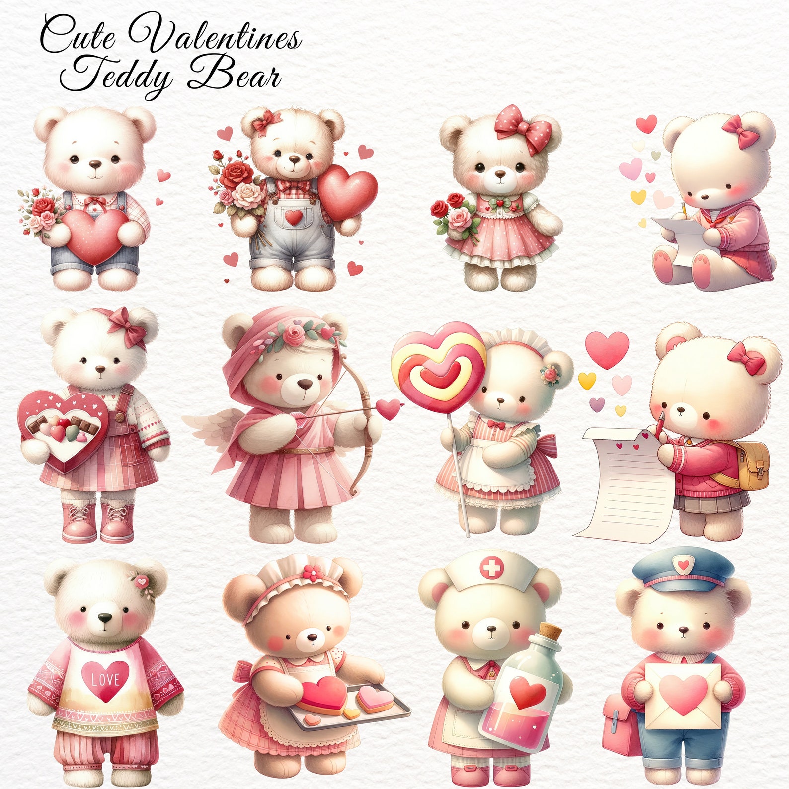 Watercolor Valentines Teddy Bear Clipart: Love Bear PNG Bundle ...