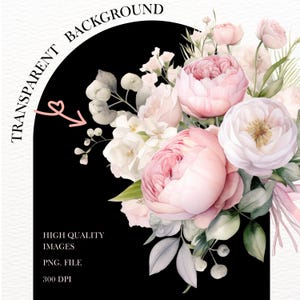 May include: A digital illustration of a bouquet of pink and white flowers with green leaves on a black background. The text "TRANSPARENT BACKGROUND" and "HIGH QUALITY IMAGES PNG FILE 300 DPI" is visible at the bottom of the image.