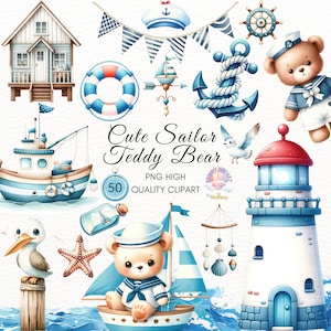 Nautical clipart,Cute Sailor Teddy Bear Clipart,Watercolor Coastal Clipart,Nursery Digital PNG,Cute bear,baby shower,Invitations, Scrapbook