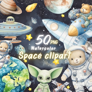 Clipart spazio acquerello, clipart orsacchiotto, astronauta, astronave, spazio esterno, clipart pianeti, UFO, png, arredamento della scuola materna, trasparente, uso commerciale