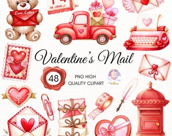 May include: Watercolor illustrations of Valentine's Day themed items. Includes a teddy bear holding a letter, a red truck carrying gifts, envelopes, a calendar, a typewriter, and a mailbox. Text reads "Valentine's Mail".