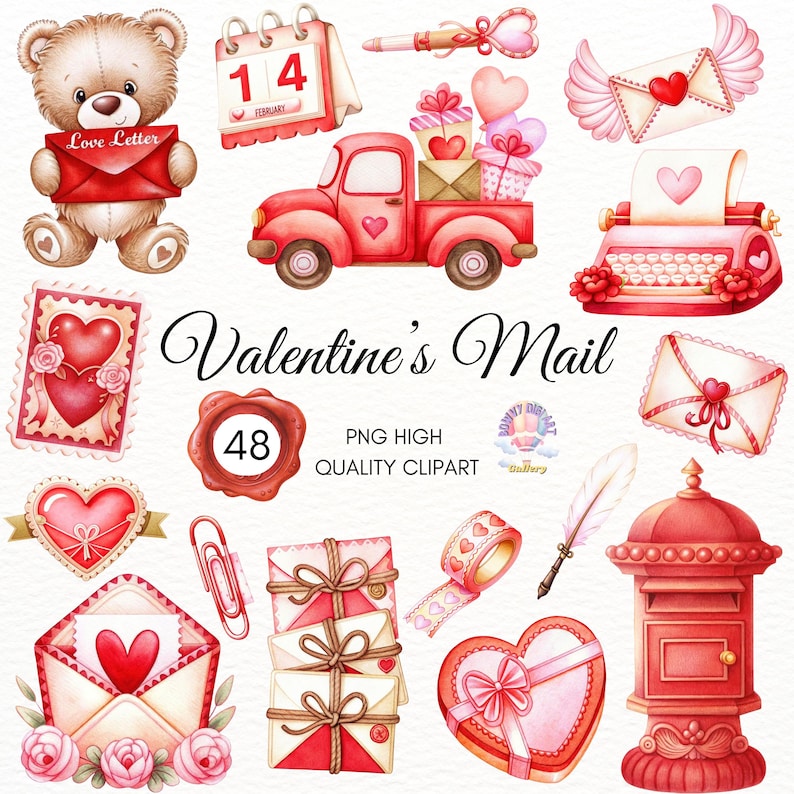 May include: Watercolor illustrations of Valentine's Day themed items. Includes a teddy bear holding a letter, a red truck carrying gifts, envelopes, a calendar, a typewriter, and a mailbox. Text reads "Valentine's Mail".