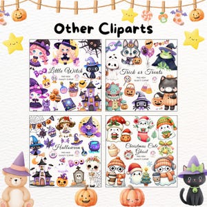 May include: A collection of digital clip art featuring Halloween and Christmas themes. Includes illustrations of witches, ghosts, pumpkins, and other festive elements. The text "Other Cliparts" is at the top.