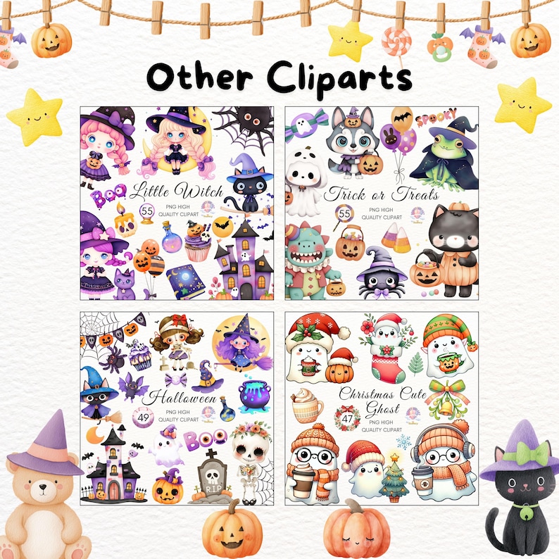 May include: A collection of digital clip art featuring Halloween and Christmas themes. Includes illustrations of witches, ghosts, pumpkins, and other festive elements. The text "Other Cliparts" is at the top.