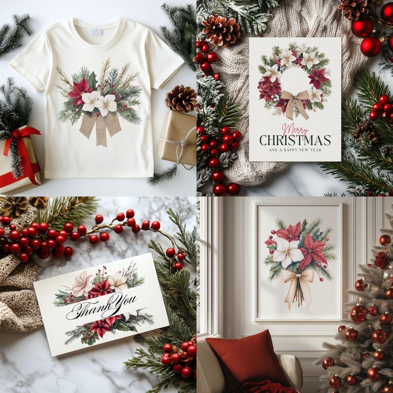 May include: A set of four Christmas-themed printable designs featuring watercolour illustrations of poinsettia and white flowers with greenery. The designs include a wreath, a bouquet, a thank you card, and a t-shirt design. The text on the card reads "Thank You". The text on the wreath design reads "Merry Christmas and a Happy New Year".