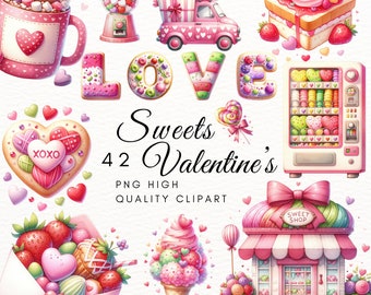 May include: A set of 42 Valentine's Day themed digital clipart images. The images feature a variety of sweet treats, including a heart-shaped cookie, a candy machine, a cupcake, a lollipop, a ice cream cone, and a candy store. The images are in a pink and red color scheme and feature hearts, flowers, and other Valentine's Day motifs.