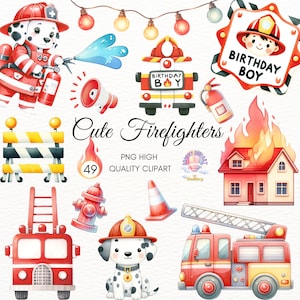 Cute Firefighters Clipart,Fire Truck,Watercolor Vehicles,Watercolor Fire Department PNG,Firemen,Crafts,Invitations,Party Decor for Kids