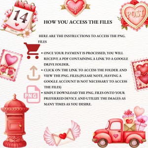 May include: A Valentine's Day themed digital art graphic with a red calendar, heart-shaped postage stamp, and a red pickup truck carrying gifts. Text includes "14" and instructions for accessing PNG files.