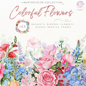 Watercolor wildflower clipart,Vivid Florals,Rainbow Floral,Pink Floral,Summer Flower,Wildflower border,Colorful Bouquets,Wedding clipart,PNG