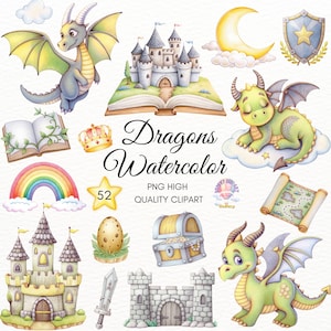 Dragons Watercolor Clipart,Cute Baby Dragon PNG,fairy castle clipart,kingdom graphics,Magical dragon png bundle,nursery baby illustration