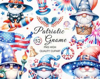 Peut inclure: Un ensemble de 10 images clipart numériques représentant des gnomes patriotiques dans différentes poses. Les gnomes portent des chapeaux et des vêtements rouge, blanc et bleu, et certains tiennent des drapeaux américains, des feux d'artifice et des signes de paix. Les images sont parfaites pour créer des objets artisanaux patriotiques, du scrapbooking et des designs numériques.