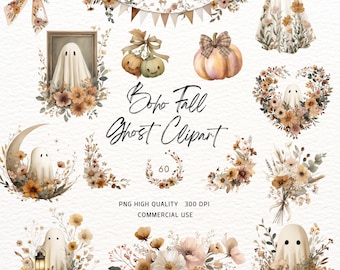 Boho Ghost Clipart ,Watercolor Halloween PNG,Fall Pumpkin Floral ,Vintage Halloween Clipart,Halloween Junk Journal Graphics,Digital Download