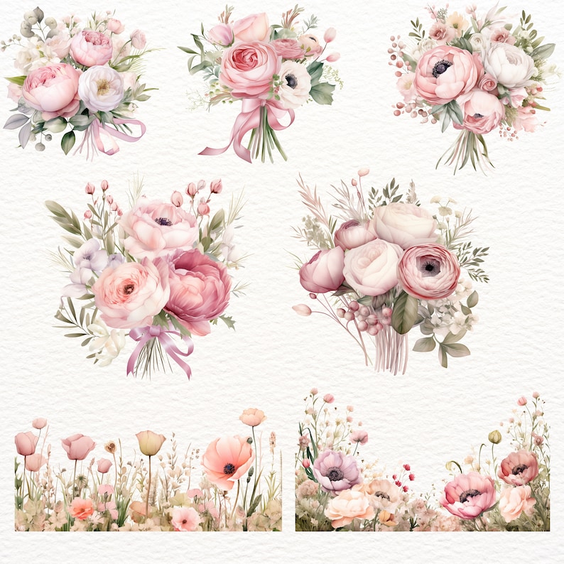 May include: A collection of six watercolor illustrations featuring pink and white flowers in bouquets and borders. The bouquets are arranged in a variety of styles, with some featuring ribbons and others with berries. The borders are made up of smaller flowers and greenery.
