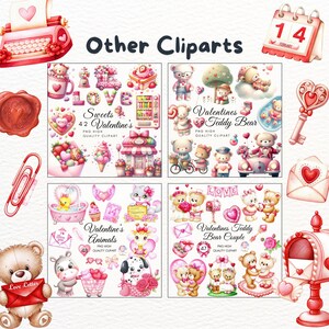 May include: A collection of watercolor clip art elements with a Valentine's Day theme. Includes a red typewriter, teddy bears, sweets, animals, and a calendar. The text includes "Other Cliparts", "Sweets 42 Valentine's", "Valentines 59 Teddy Bear", "Valentine's Animals 48", and "Valentines Teddy Bear Couple 47".