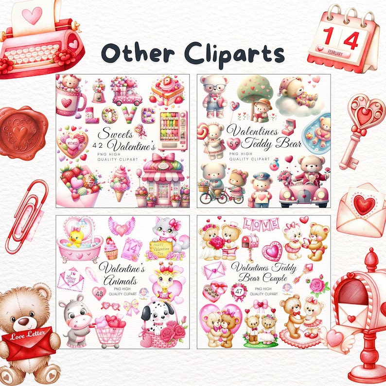 May include: A collection of watercolor clip art elements with a Valentine's Day theme. Includes a red typewriter, teddy bears, sweets, animals, and a calendar. The text includes "Other Cliparts", "Sweets 42 Valentine's", "Valentines 59 Teddy Bear", "Valentine's Animals 48", and "Valentines Teddy Bear Couple 47".