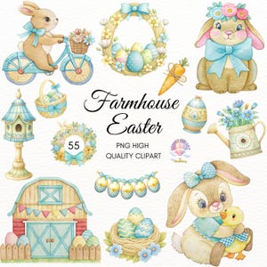 Farmhouse Easter Clipart,Easter clipart PNG,Easter Watercolor Clipart,Rustic bunny,Vintage Easter Bunny,Cute Bunny,Junk Journal Scrapbooking