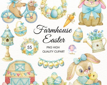 May include: A set of farmhouse Easter clip art featuring bunnies, eggs, a birdhouse, a barn, a wreath, a watering can, and a carrot. The clip art is in a watercolour style and features pastel colours.