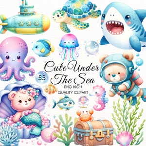 Cute Under the Sea Clipart,Watercolor Ocean Animals & Diving Teddy Bear,Birthday Party Decor,Nursery Themes,invitation,Digital PNG for Kids