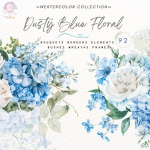 Dusty Blue Floral Clipart,Watercolor Floral Clipart,dusty blue flowers,Roses,Hydrangeas,Frames, Garlands,Bouquets,Wreaths,Wedding Clipart