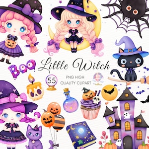 Little Witch Clipart,Halloween Clipart,Adorable Witchy Graphics,Halloween Party,Ghost,Kid Halloween,DIY Party Invitations,Crafts,Digital PNG