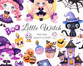 Little Witch Clipart,Halloween Clipart,Adorable Witchy Graphics,Halloween Party,Ghost,Kid Halloween,DIY Party Invitations,Crafts,Digital PNG
