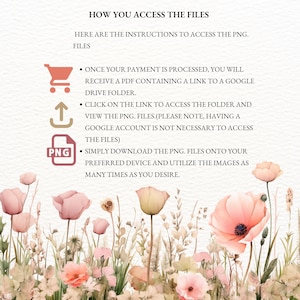 May include: A graphic with instructions on how to access digital files. The graphic features a shopping cart, an upload arrow, and a PNG file icon. The text reads: "How You Access The Files", "Here are the instructions to access the PNG. Files", "Once your payment is processed, you will receive a PDF containing a link to a Google Drive folder.", "Click on the link to access the folder and view the PNG. Files. (Please note, having a Google account is not necessary to access the files)", "Simply download the PNG. files onto your preferred device and utilize the images as many times as you desire."
