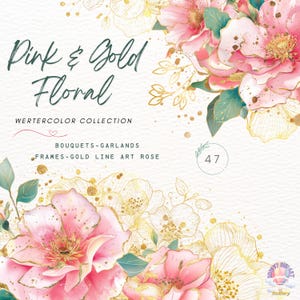 Pink gold floral clipart,Abstract Flowers Clipart,Dusty pink floral Clipart,Pink Roses,Watercolor Flowers,Wedding Clipart,Gold Floral Frame