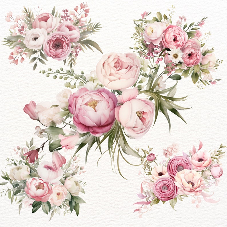 May include: A collection of four watercolor floral bouquets featuring pink and white peonies, roses, and other flowers with green leaves.
