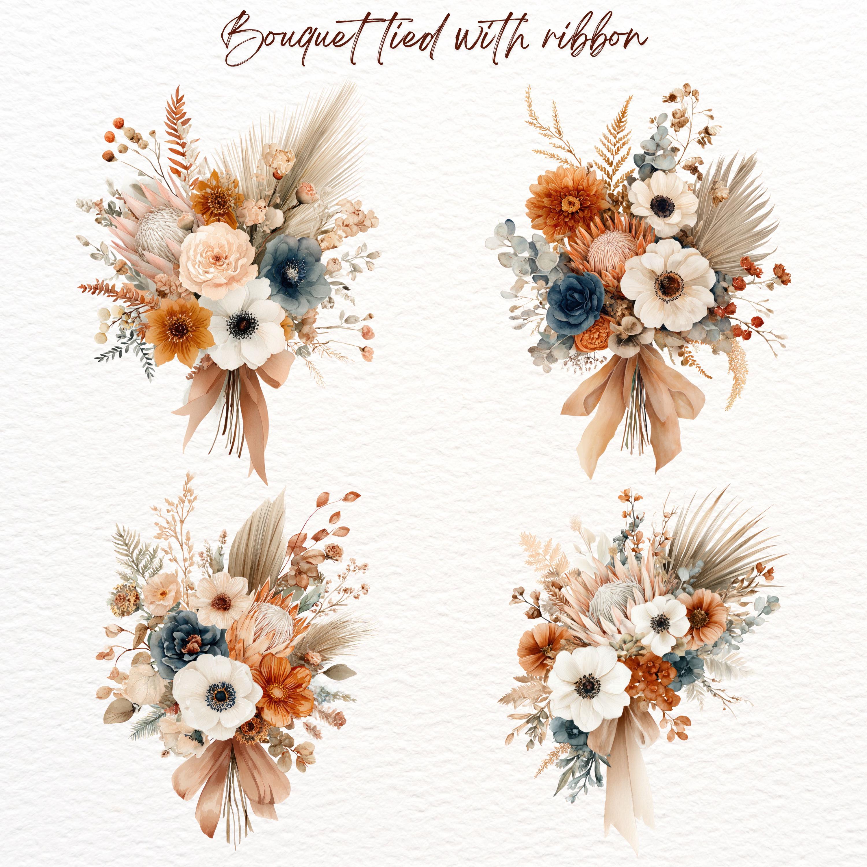 Watercolor Boho Floral Clipart Set Png,terracotta Navy Blue Wedding ...