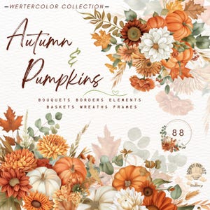 Pumpkins and Flowers,Autumn Florals Clipart,Pumpkin Clipart,Fall Floral PNG,Autumn Bouquets,Thanksgiving Clipart,Terracotta Flower,Cozy Fall