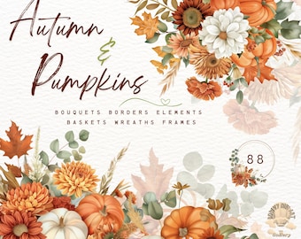 Pumpkins and Flowers,Autumn Florals Clipart,Pumpkin Clipart,Fall Floral PNG,Autumn Bouquets,Thanksgiving Clipart,Terracotta Flower,Cozy Fall