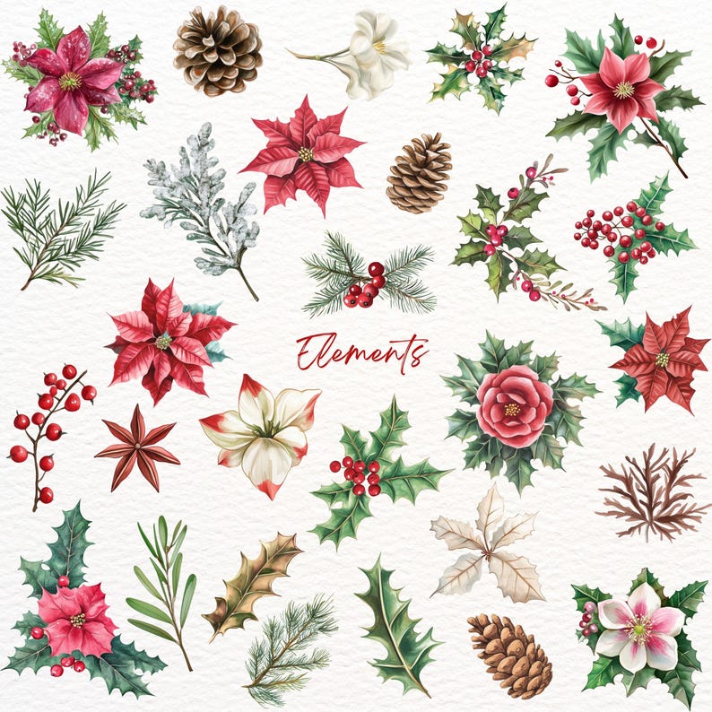 May include: Watercolour illustrations of various Christmas elements, including poinsettias, holly, pine cones, berries, and sprigs of greenery. The word "Elements" is written in red cursive.